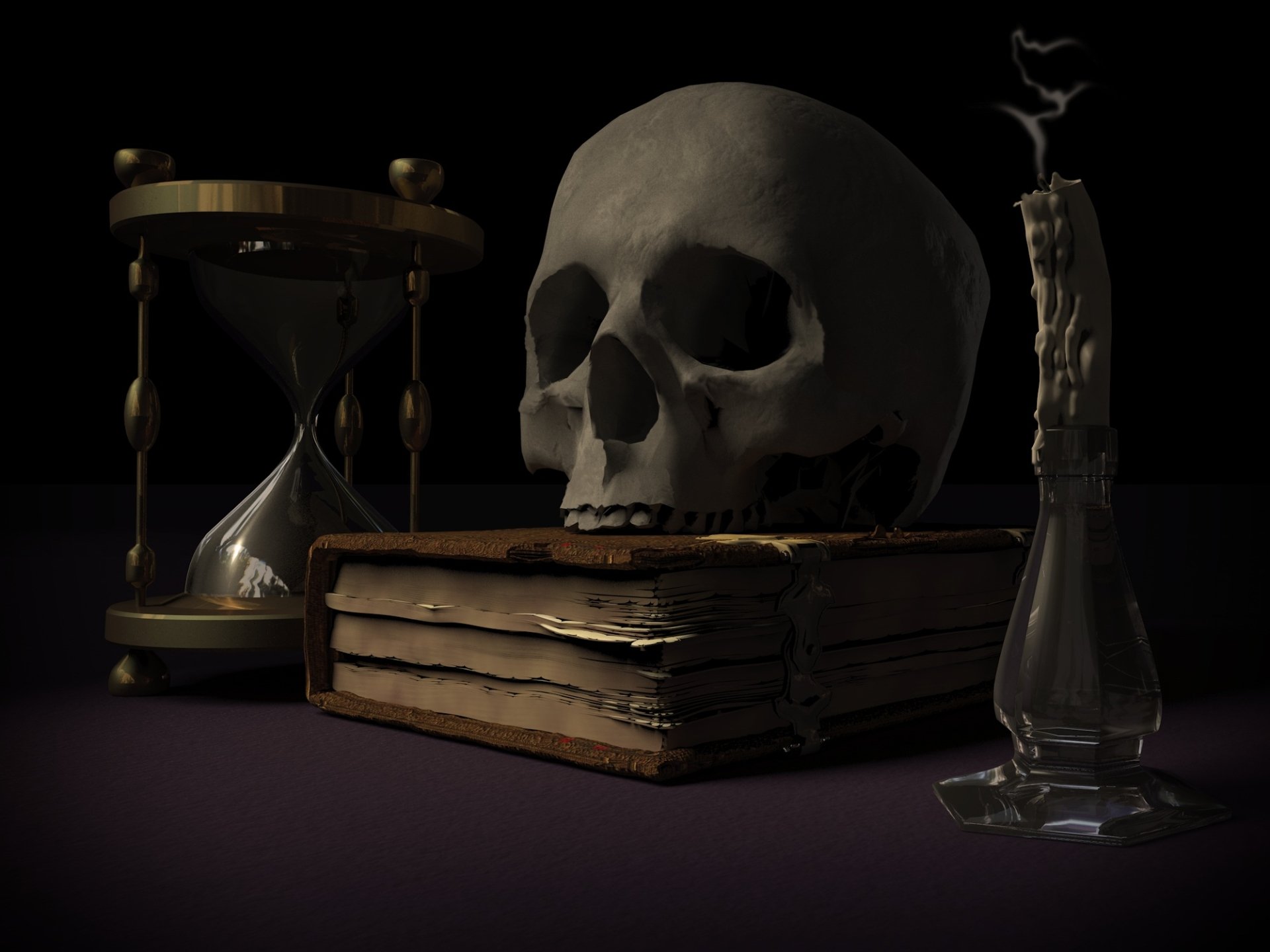 HD desktop wallpaper featuring a dark, moody scene with an old book, a human skull, a burning candle, and an antique hourglass.