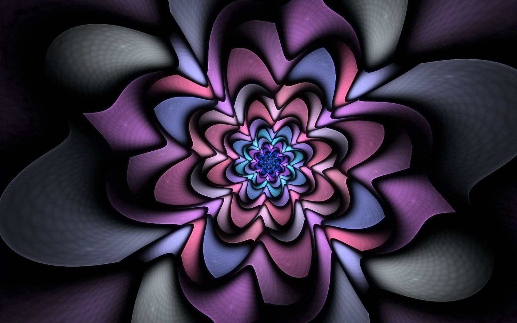 Abstract fractal flower in shades of purple, pink, blue, and gray, creating a vibrant and intricate HD desktop wallpaper background.