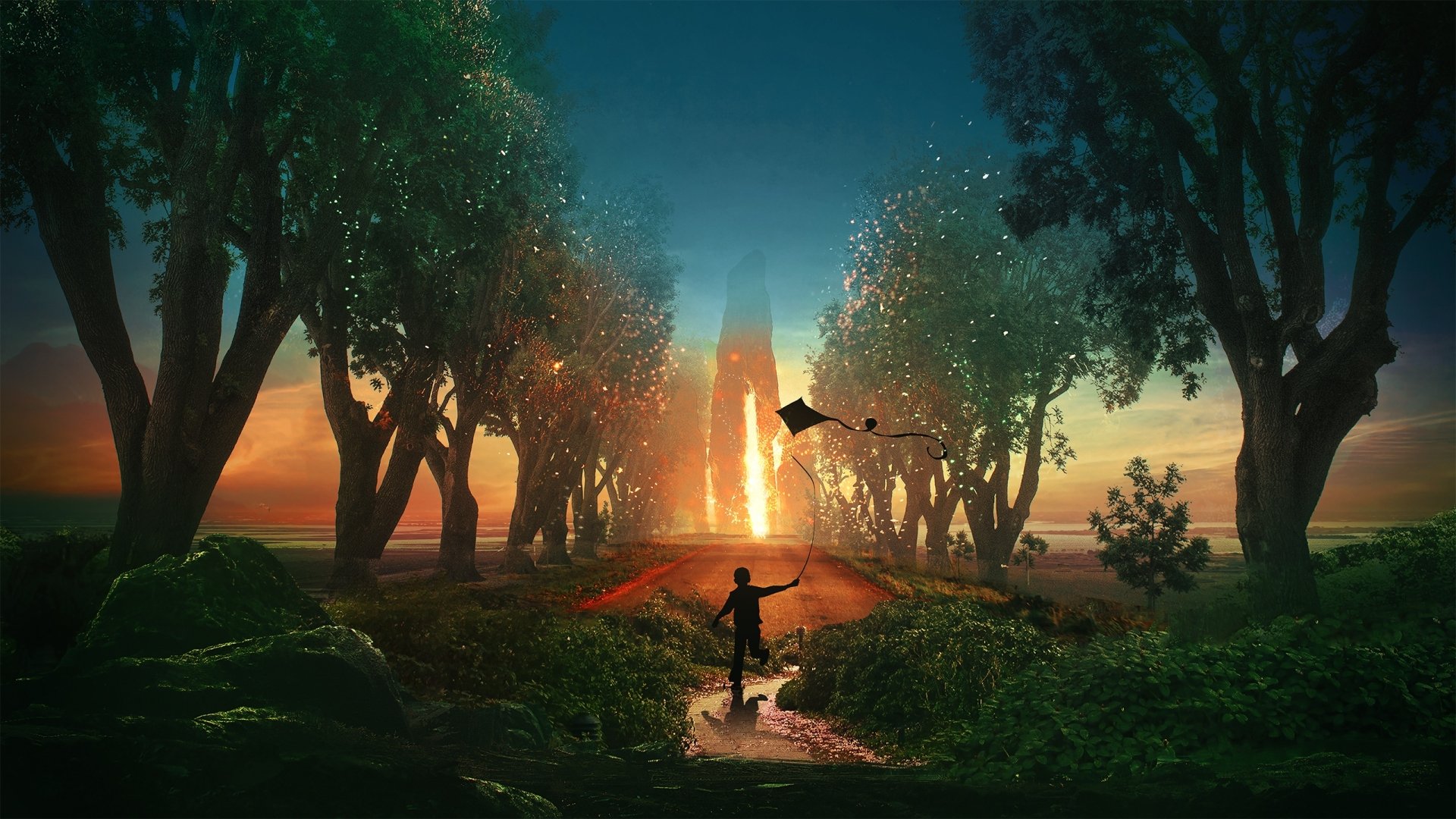 2K Quad HD PC desktop wallpaper: child with kite walks a tree-lined path through a glowing fantasy grove at sunset toward a distant, radiant light.