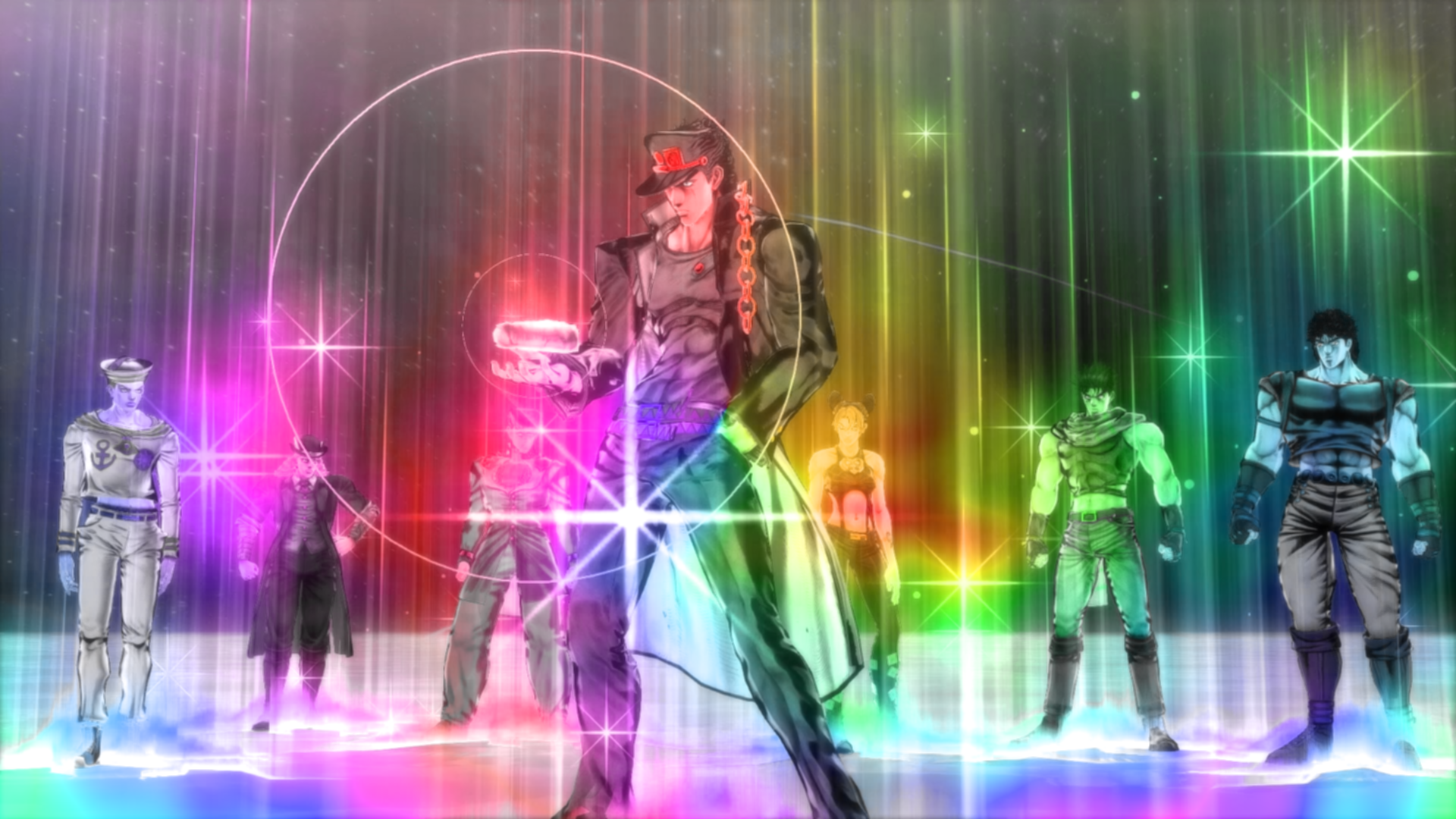 HD JoJo's Bizarre Adventure wallpaper: Jotaro Kujo center, flanked by Jonathan Joestar, Joseph Joestar, Josuke Higashikata, Jolyne Cujoh and Robert E. O. Speedwagon — Phantom Blood, Stardust Crusaders, Battle Tendency