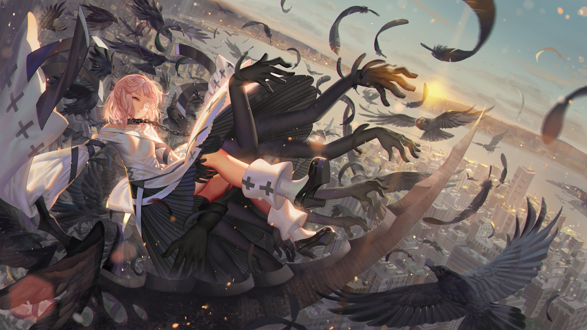 A captivating anime original HD desktop wallpaper featuring a character amid shadowy figures and birds over a cityscape at sunset.