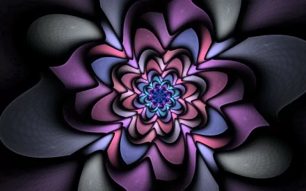 Abstract fractal flower in shades of purple, pink, blue, and gray, creating a vibrant and intricate HD desktop wallpaper background.