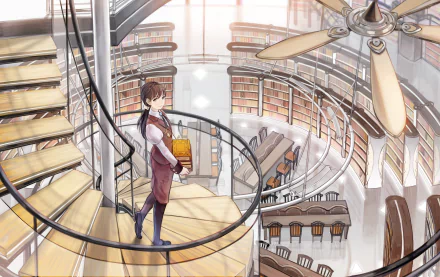 Anime original HD PC desktop wallpaper: a young librarian stands on a spiral balcony in a sunlit circular library, clutching books beneath a giant ceiling fan.