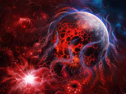 A red, alien creature with tentacles floats in deep space near a distant planet, set against a dark cosmic background in this HD Sci-Fi desktop wallpaper.