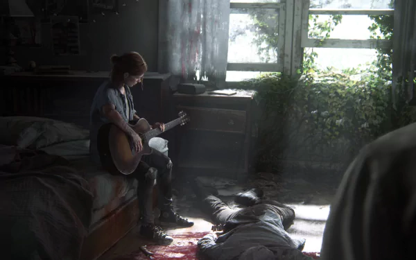 Ellie from The Last of Us Part II plays a guitar in a dimly lit room with overgrown vines and a fallen figure on the floor. This is a HD desktop wallpaper from the video game.