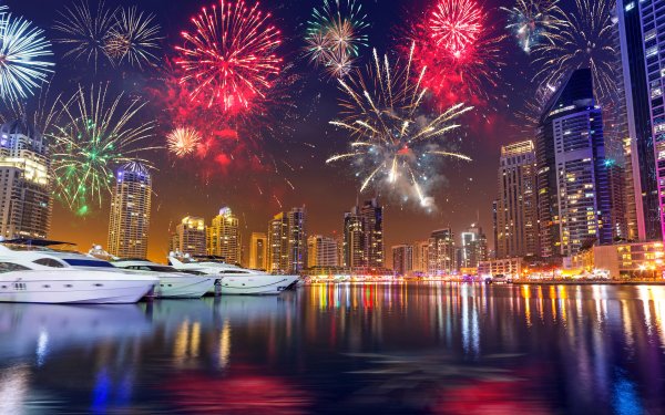 Photography Fireworks Colors Colorful Dubai Night Yacht Skyscraper HD Wallpaper | Background Image