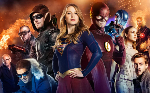 HD desktop wallpaper featuring characters from DC's Legends of Tomorrow: Martin Stein, Rip Hunter, White Canary, Firestorm, Captain Cold, Heat Wave, Green Arrow, Flash, Supergirl, and Atom.