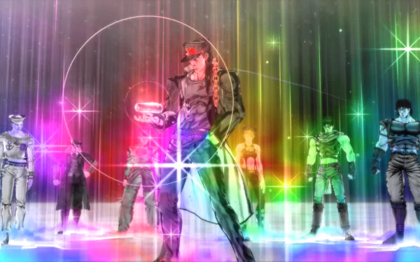 HD JoJo's Bizarre Adventure wallpaper: Jotaro Kujo center, flanked by Jonathan Joestar, Joseph Joestar, Josuke Higashikata, Jolyne Cujoh and Robert E. O. Speedwagon — Phantom Blood, Stardust Crusaders, Battle Tendency
