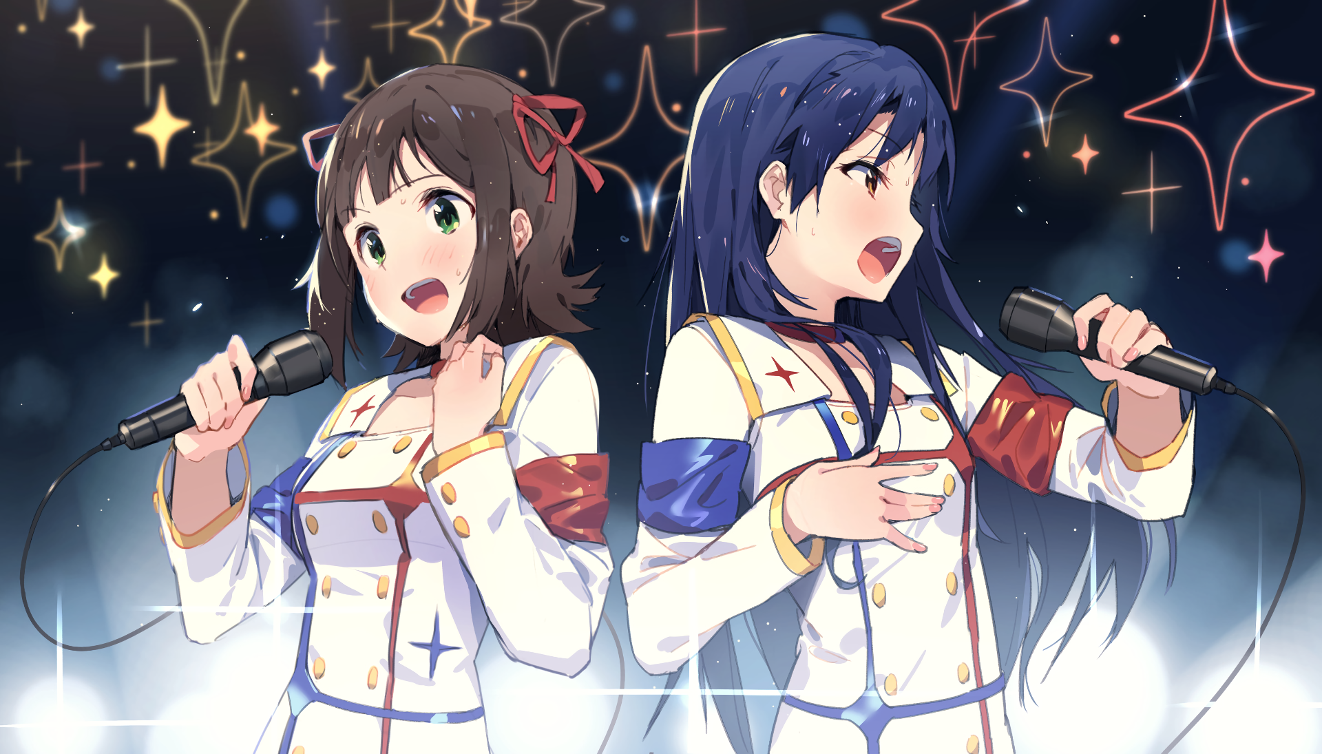 Chihaya Kisaragi and Haruka Amami from The iDOLM@STER sing onstage with microphones in matching white outfits — anime HD PC desktop wallpaper background with sparkling star lights.