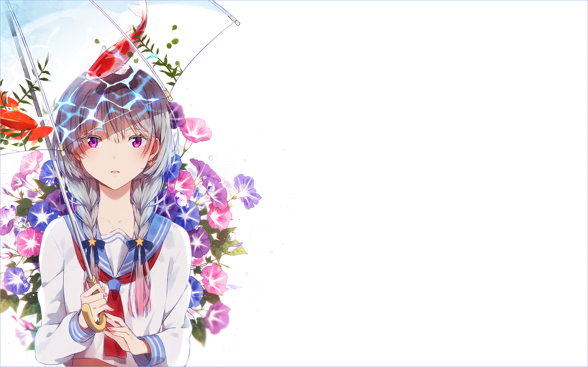 HD desktop wallpaper featuring an original anime character holding a transparent umbrella, standing amidst vibrant flowers with a fish swimming above the umbrella.