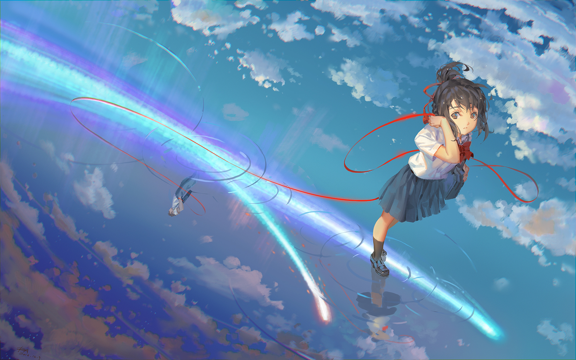 HD anime desktop wallpaper featuring Mitsuha Miyamizu from Your Name. soaring through a vibrant sky with colorful comet trails and dynamic clouds.