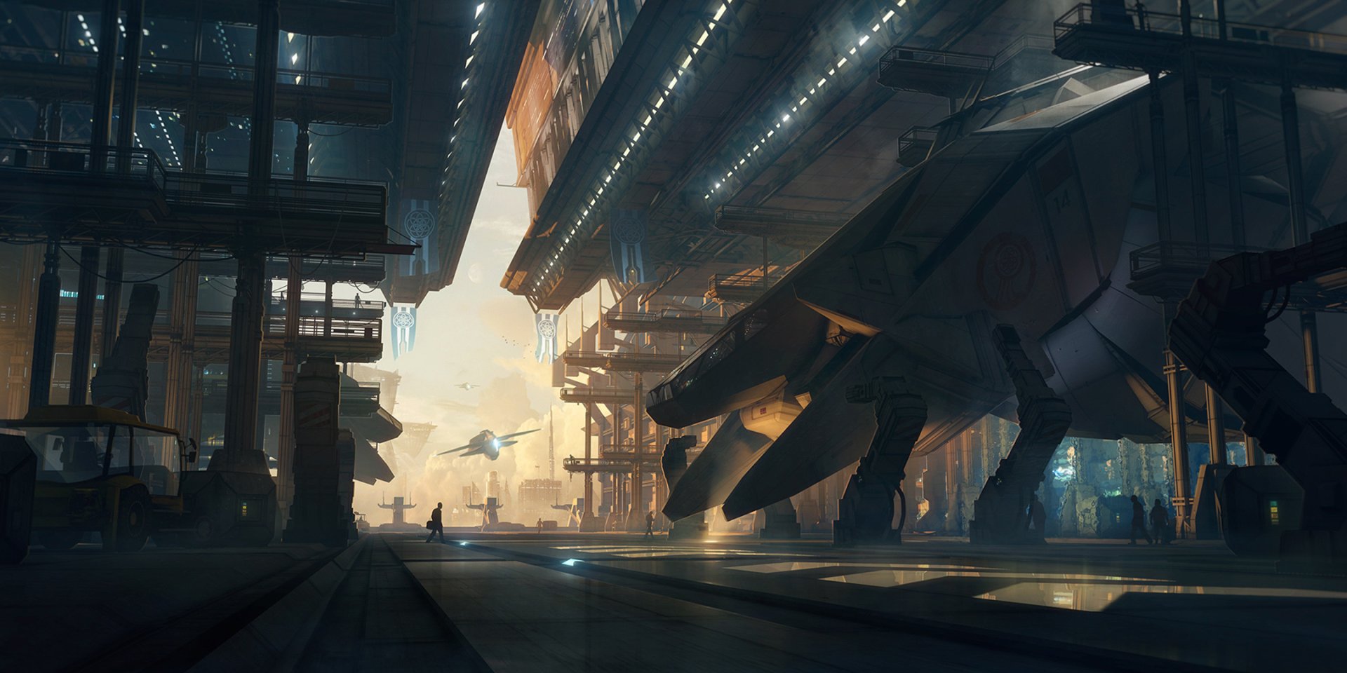 Futuristic sci-fi hangar featuring sleek spaceships and towering buildings, captured in a high-definition PC desktop wallpaper background.
