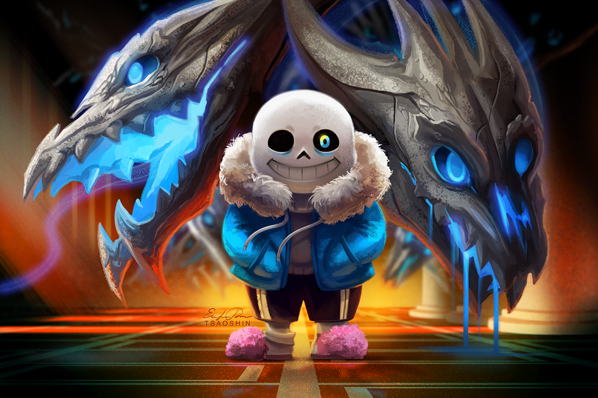 HD wallpaper featuring Sans from Undertale, a popular video game character, standing confidently with a menacing, dual-headed dragon-like creature behind him.