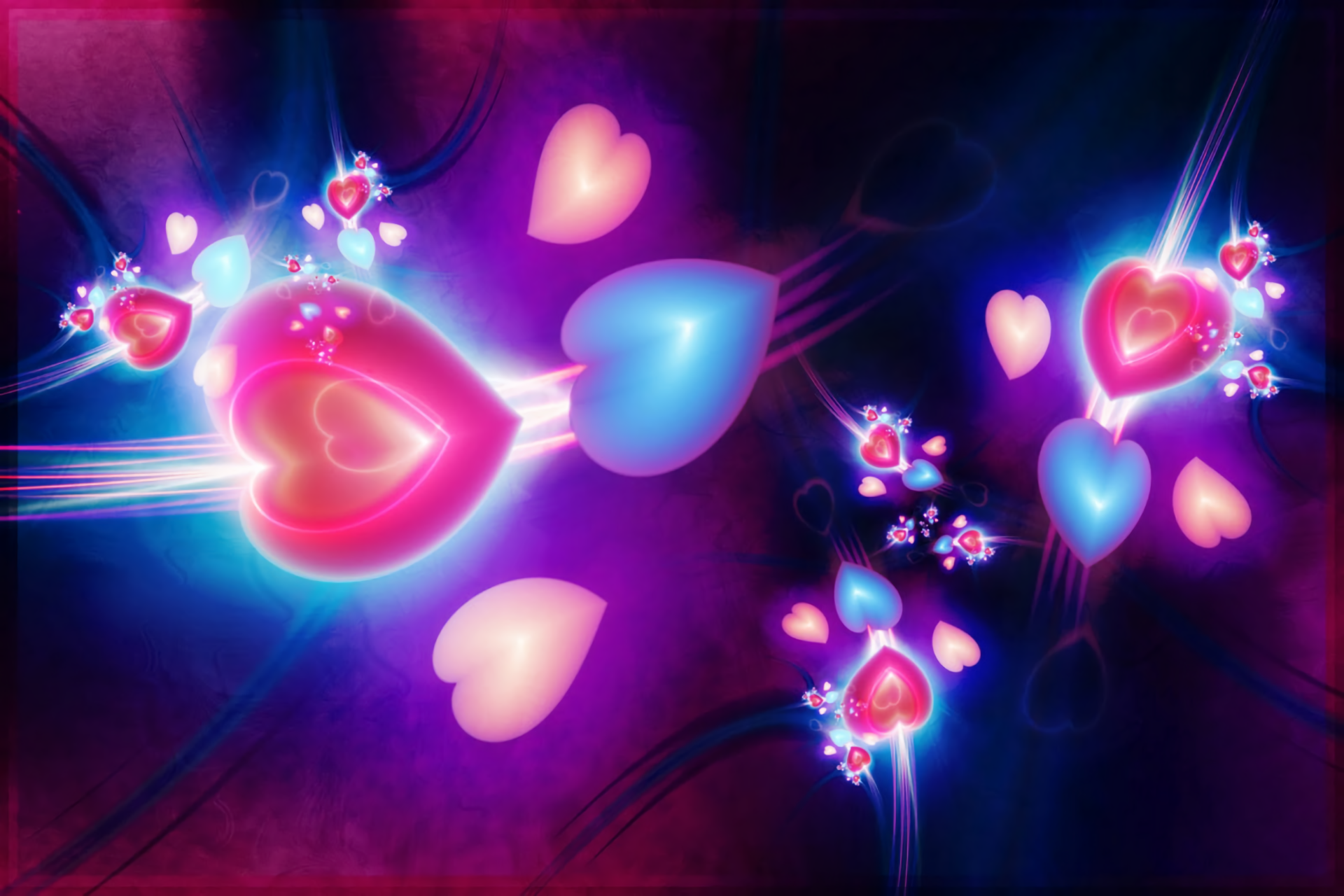 A vibrant HD desktop wallpaper featuring artistic blue and pink hearts radiating love against a dark background.