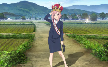 HD desktop wallpaper featuring Yoshino Koharu from the anime Sakura Quest, standing on a rural path with fields and mountains in the background, wearing a crown and a sash.