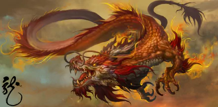 HD desktop wallpaper featuring a fantastical Chinese dragon with vibrant red and orange scales, fiery manes, and sharp claws against a misty, multicolored sky background.