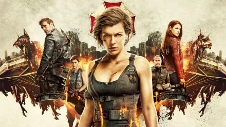 HD wallpaper featuring Milla Jovovich as Alice in Resident Evil: The Final Chapter, with a dramatic backdrop showcasing burning city ruins and fierce-looking characters.