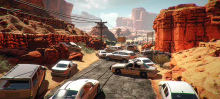 HD desktop wallpaper from Arizona Sunshine, depicting a deserted road with abandoned cars and towering red rock formations.
