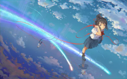 HD anime desktop wallpaper featuring Mitsuha Miyamizu from Your Name. soaring through a vibrant sky with colorful comet trails and dynamic clouds.