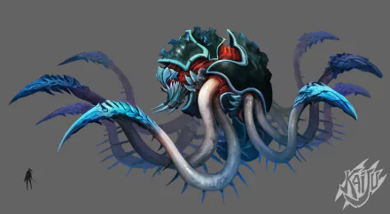 HD desktop wallpaper featuring a menacing creature with multiple tendrils and a shell-like body against a gray background.