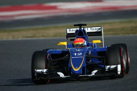 Sauber C34 F1 race car on track, blue and yellow Formula 1 vehicle — 2K Quad HD PC desktop wallpaper/background.