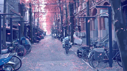 HD desktop wallpaper of an anime-inspired street lined with bicycles and buildings, adorned with cherry blossoms (sakura) in spring.