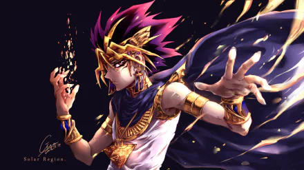 HD desktop wallpaper features Yami Yugi, also known as Atem, from the anime Yu-Gi-Oh! He stands majestically with dramatic lighting and golden splashes around him, emanating power and determination.