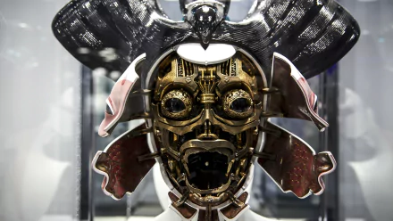 Close-up of a detailed mechanical mask from the movie Ghost in the Shell (2017), showcased as a 4K Ultra HD PC desktop wallpaper and background.