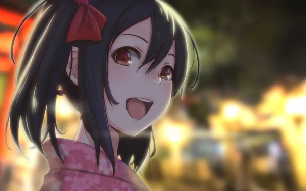 HD desktop wallpaper featuring Nico Yazawa from the anime Love Live!, smiling warmly with a blurred nighttime background.