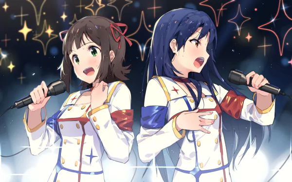 Chihaya Kisaragi and Haruka Amami from The iDOLM@STER sing onstage with microphones in matching white outfits — anime HD PC desktop wallpaper background with sparkling star lights.