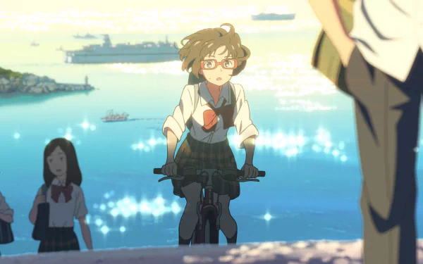 HD anime desktop wallpaper from Cross Road, featuring a girl with glasses riding a bike by the sparkling sea, with other characters and boats in the background.