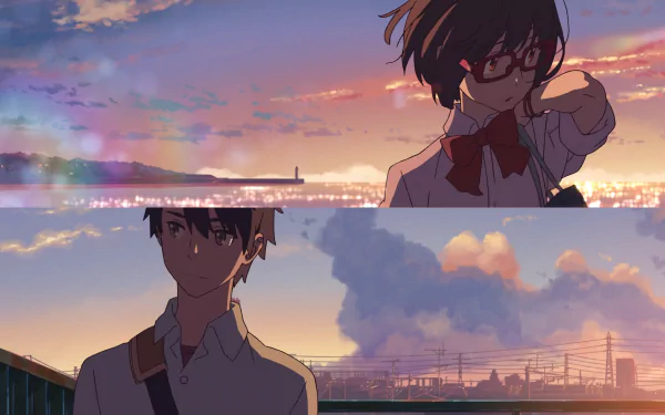 HD anime desktop wallpaper from Cross Road, featuring two characters against a vibrant sunset sky with cityscape and railway tracks in the background.