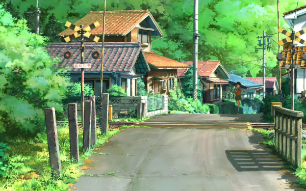 HD anime desktop wallpaper from Children Who Chase Lost Voices featuring a peaceful rural street with traditional houses surrounded by lush green trees.