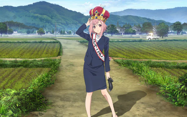 HD desktop wallpaper featuring Yoshino Koharu from the anime Sakura Quest, standing on a rural path with fields and mountains in the background, wearing a crown and a sash.