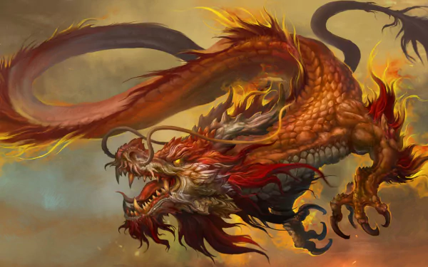 HD desktop wallpaper featuring a fantastical Chinese dragon with vibrant red and orange scales, fiery manes, and sharp claws against a misty, multicolored sky background.