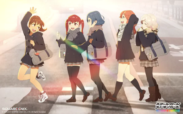 HD PC desktop wallpaper from Schoolgirl Strikers: Animation Channel featuring five anime girls in school uniforms crossing a street with a soft, glowing background.