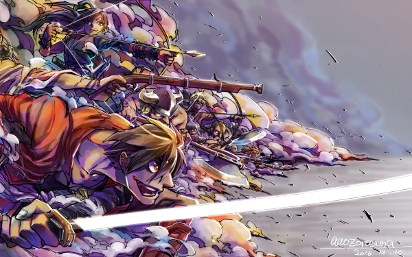 HD desktop wallpaper of the anime Drifters. The intense scene features characters charging into battle amid swirling clouds and debris, showcasing dynamic action and vivid details.
