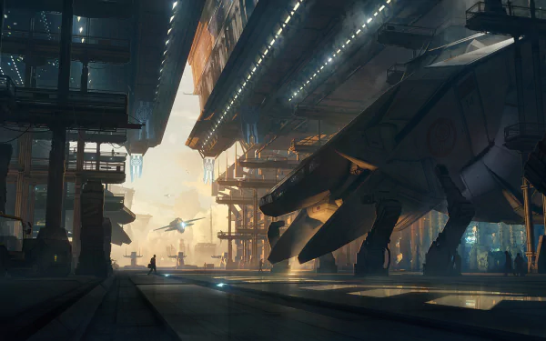 Futuristic sci-fi hangar featuring sleek spaceships and towering buildings, captured in a high-definition PC desktop wallpaper background.