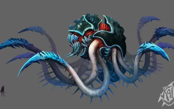 HD desktop wallpaper featuring a menacing creature with multiple tendrils and a shell-like body against a gray background.