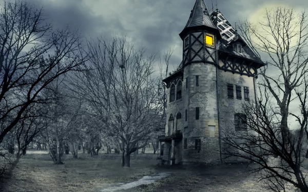 A dark gothic castle-like house stands amidst barren trees under a gloomy sky, illuminated by a single glowing window in this 4K Ultra HD PC desktop wallpaper.