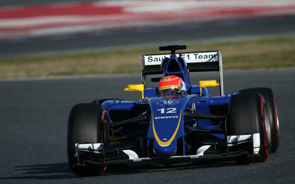 Sauber C34 F1 race car on track, blue and yellow Formula 1 vehicle — 2K Quad HD PC desktop wallpaper/background.