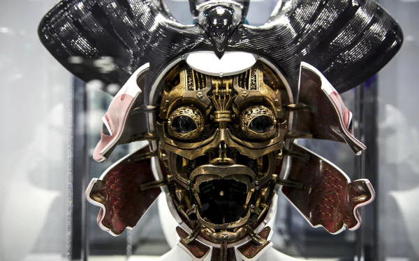 Close-up of a detailed mechanical mask from the movie Ghost in the Shell (2017), showcased as a 4K Ultra HD PC desktop wallpaper and background.