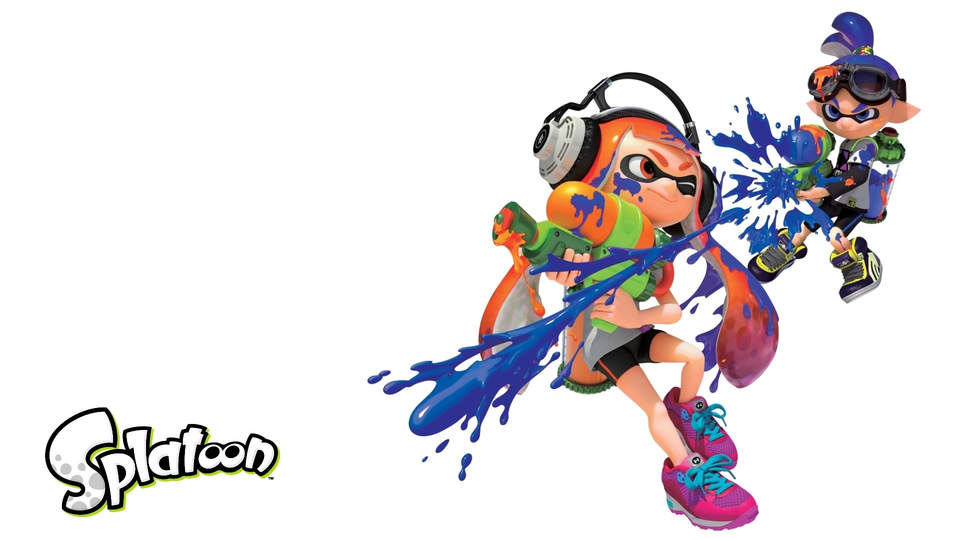 HD PC desktop wallpaper showing two Inklings (Splatoon) leaping and firing blue and purple ink splashes, with Splatoon logo — video game artwork/background