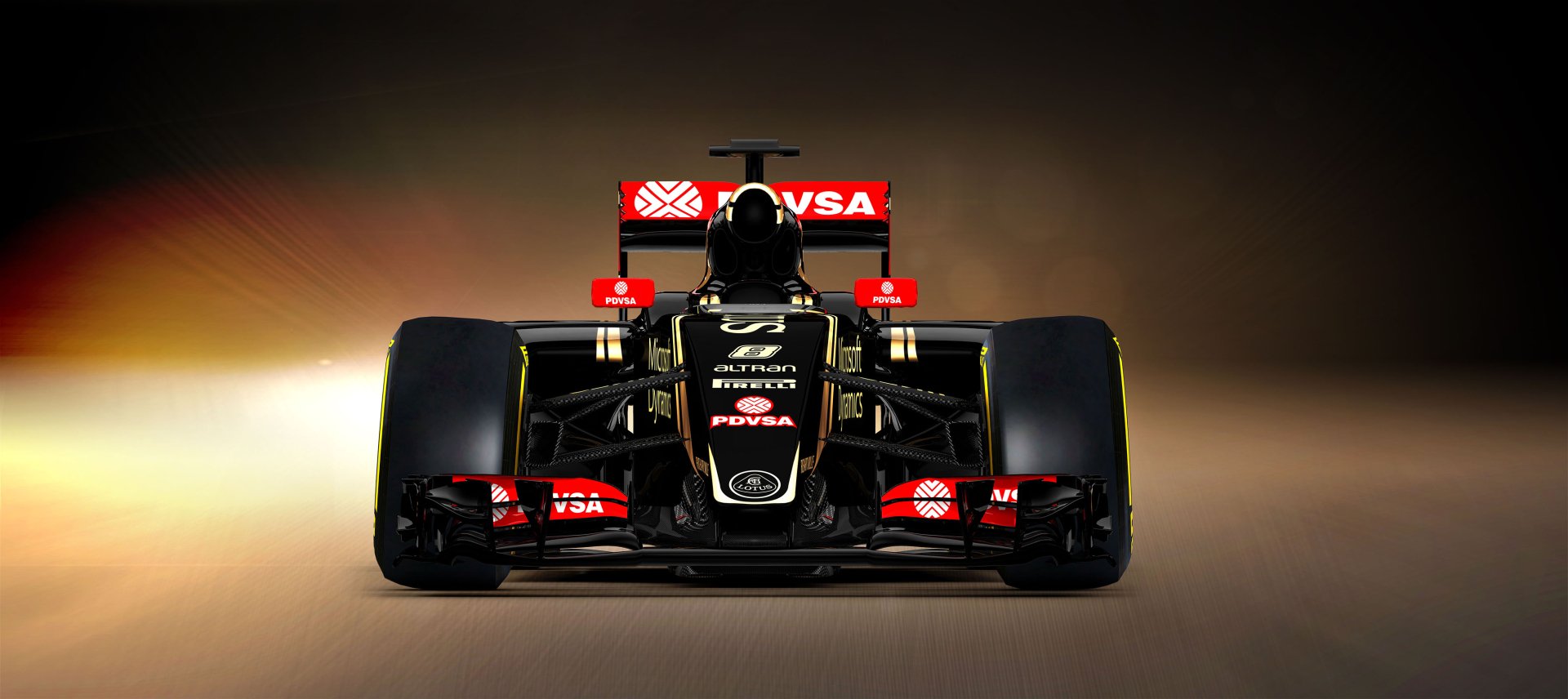 Front view of a black and gold Lotus E23 Hybrid race car, Lotus E23 Formula 1 vehicle, on a gradient backdrop — 2K Quad HD PC desktop wallpaper/background.