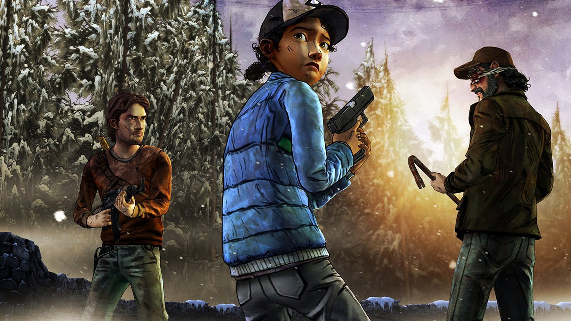 HD PC desktop wallpaper for The Walking Dead: Season 2 (video game) — three survivors in snowy woods, Clementine center with a pistol, two companions against a dusky sky.