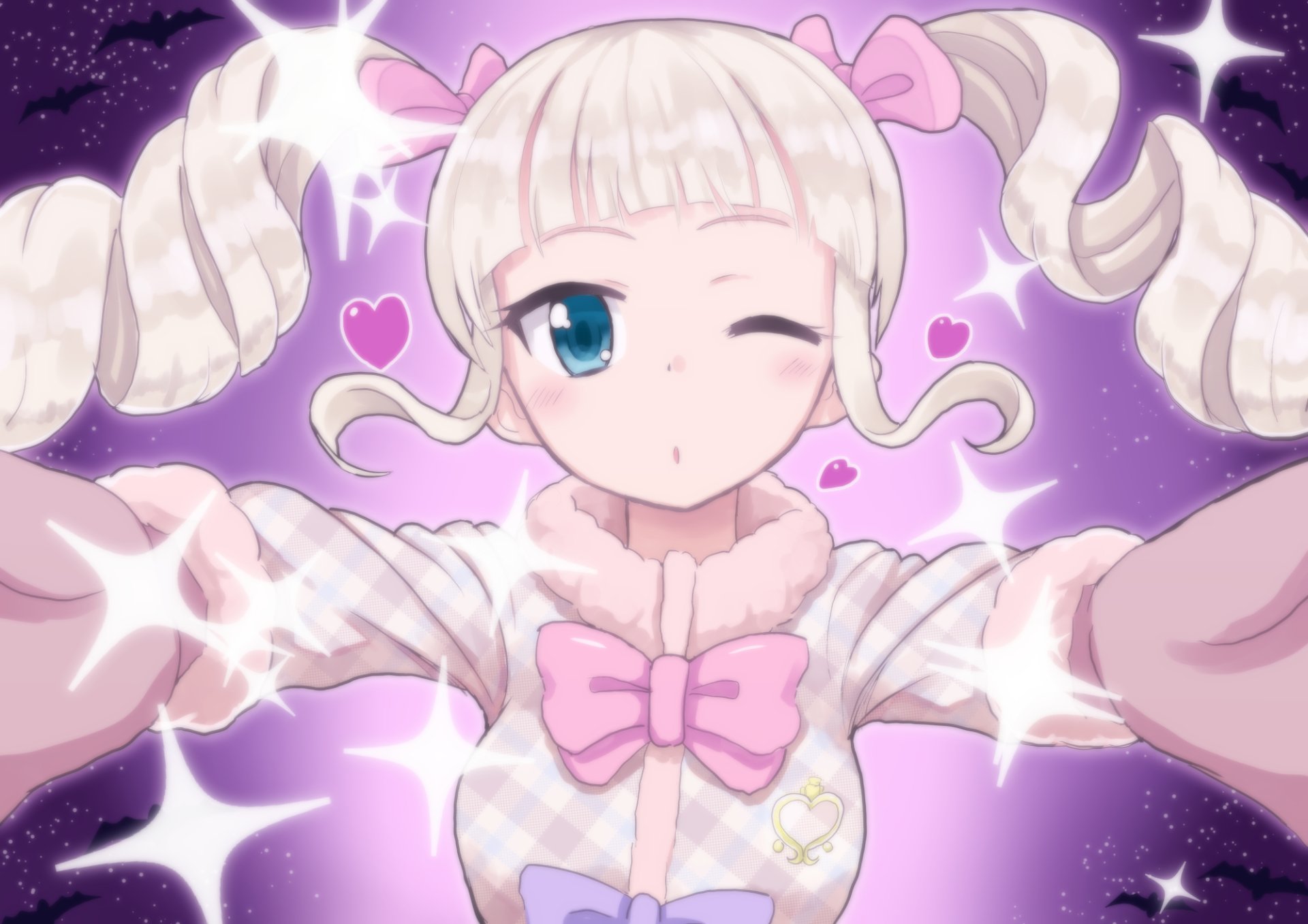 HD anime wallpaper from Aikatsu! featuring a cheerful girl with twin pigtails, pink bows, and a sparkling purple background.