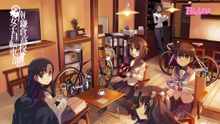 Anime HD PC wallpaper: Minami Kamakura Koukou Joshi Jitensha-bu girls in a warm café-like clubroom, bicycles, helmets and tea around tables, cozy evening lighting.