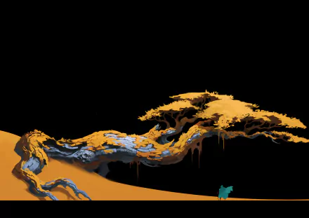 HD desktop wallpaper featuring a twisted tree with a stylized appearance against a stark orange and black background.