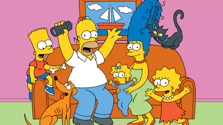 The Simpsons family, including Homer, Marge, Bart, Lisa, Maggie, and Santa's Little Helper, gathered in their living room in this HD TV show desktop wallpaper.