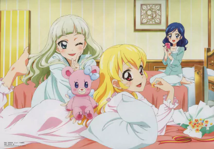 4K Ultra HD Anime PC wallpaper featuring cheerful characters from Aikatsu! relaxing in a cozy room with soft pastel tones and playful expressions.